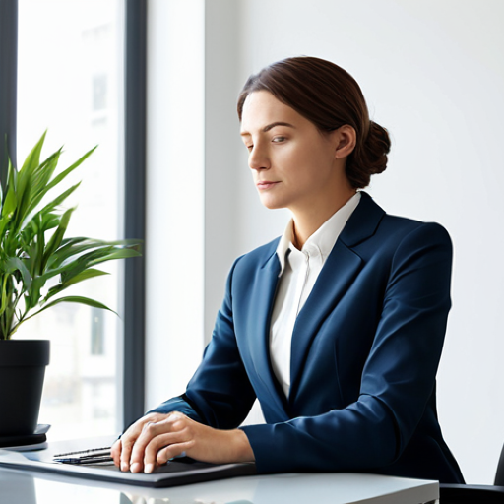A professional businesswoman in a modest business suit, seated at a modern, minimalist desk in a serene office, engaged in calm self-reflection. A small, healthy desk plant subtly enhances the background, symbolizing growth. The scene is well-lit by soft, natural light, conveying clarity and inner peace. perfect anatomy, correct proportions, natural pose, well-formed hands, proper finger count, natural body proportions, professional photography, high quality, safe for work, appropriate content, fully clothed, modest clothing, professional dress, family-friendly.