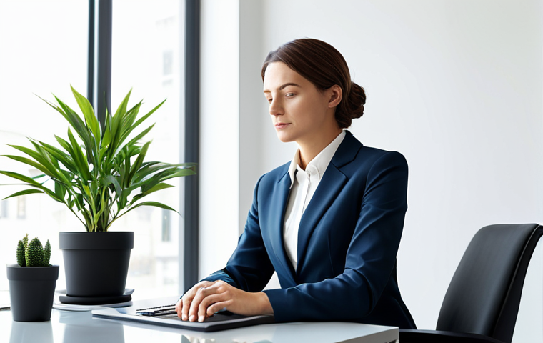 A professional businesswoman in a modest business suit, seated at a modern, minimalist desk in a serene office, engaged in calm self-reflection. A small, healthy desk plant subtly enhances the background, symbolizing growth. The scene is well-lit by soft, natural light, conveying clarity and inner peace. perfect anatomy, correct proportions, natural pose, well-formed hands, proper finger count, natural body proportions, professional photography, high quality, safe for work, appropriate content, fully clothed, modest clothing, professional dress, family-friendly.