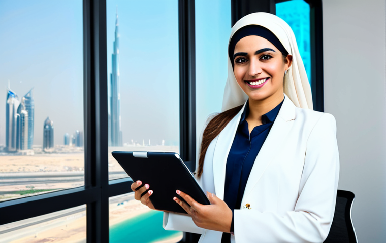 Motivational Scene**
"A professional Arab businesswoman in a modest, stylish business suit, standing confidently in a bright, modern office overlooking Dubai's skyline. She is smiling gently, holding a tablet displaying positive growth charts. The scene evokes a sense of empowerment and determination. Safe for work, appropriate content, fully clothed, professional, perfect anatomy, correct proportions, natural pose, high quality, well-formed hands, proper finger count, natural body proportions."
**