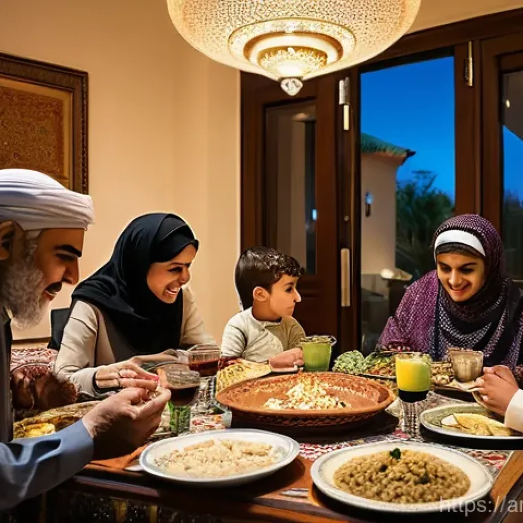 행동 변화와 새로운 기술의 융합 - **Prompt:** A bustling, warm family gathering in a contemporary Arab living room during an evening m...