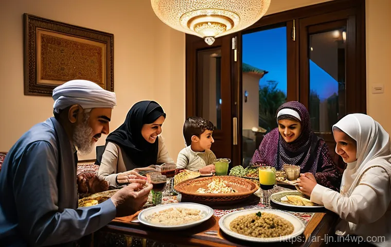 행동 변화와 새로운 기술의 융합 - **Prompt:** A bustling, warm family gathering in a contemporary Arab living room during an evening m...