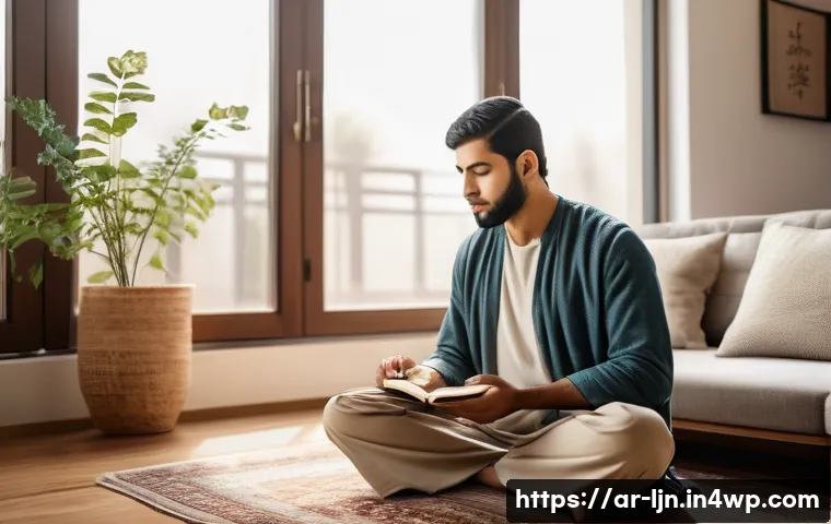 행동 변화 이론 적용하기 실제 사례 - A thoughtful Middle Eastern man practicing deep breathing and mindfulness meditation in a cozy, mode...