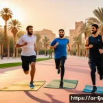 행동 변화 이론의 실제 적용 사례 분석 - A vibrant scene depicting a diverse group of Arab friends in a modern Middle Eastern city park, supp...