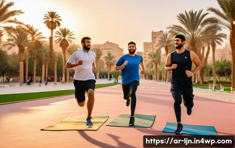 행동 변화 이론의 실제 적용 사례 분석 - A vibrant scene depicting a diverse group of Arab friends in a modern Middle Eastern city park, supp...