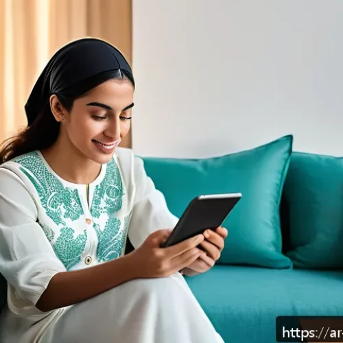 행동 변화 학습의 개인적 및 집단적 차원 - A modern Arab woman sitting comfortably in a cozy living room, using a smartphone and a tablet simul...