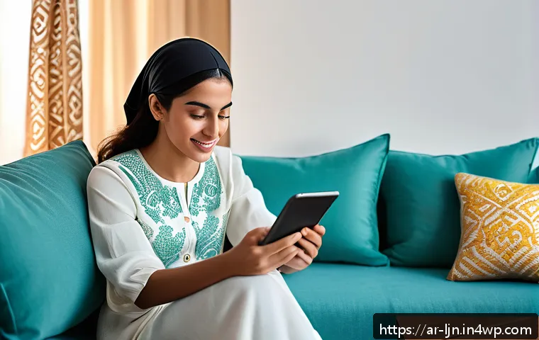 행동 변화 학습의 개인적 및 집단적 차원 - A modern Arab woman sitting comfortably in a cozy living room, using a smartphone and a tablet simul...