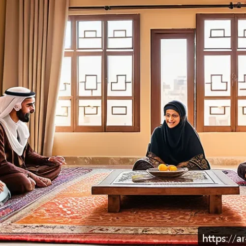 행동 변화의 지속적인 지원 시스템 - A warm, inviting Arabic living room scene showing a diverse group of family members and friends enga...