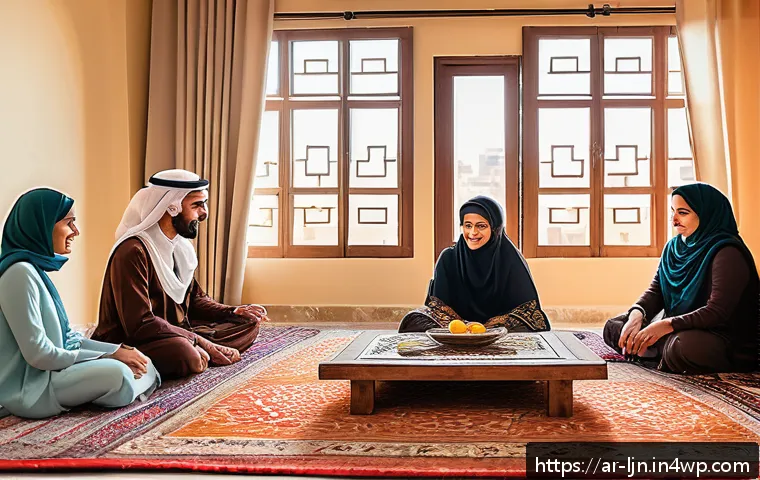 행동 변화의 지속적인 지원 시스템 - A warm, inviting Arabic living room scene showing a diverse group of family members and friends enga...