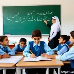 행동 변화 중심의 교육과정 개발 - A vibrant classroom scene in a modern Arab school, showcasing diverse students aged around 12-14 eng...