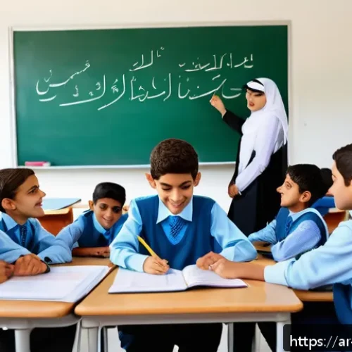 행동 변화 중심의 교육과정 개발 - A vibrant classroom scene in a modern Arab school, showcasing diverse students aged around 12-14 eng...