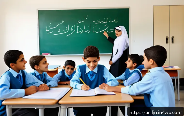 행동 변화 중심의 교육과정 개발 - A vibrant classroom scene in a modern Arab school, showcasing diverse students aged around 12-14 eng...