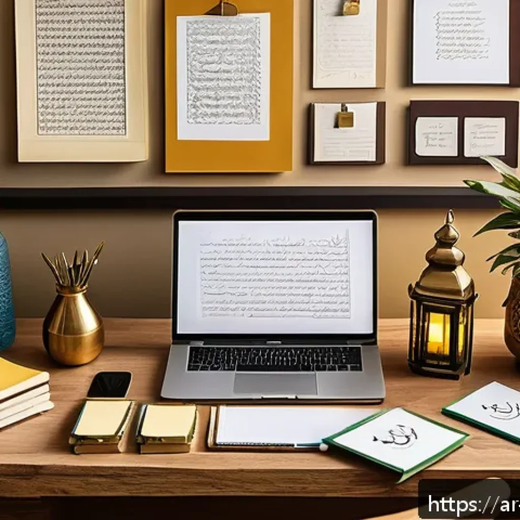 행동 변화 학습기법의 효과 분석 - A serene Middle Eastern home office scene showing a neatly organized wooden desk with Arabic calligr...