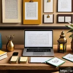 행동 변화 학습기법의 효과 분석 - A serene Middle Eastern home office scene showing a neatly organized wooden desk with Arabic calligr...