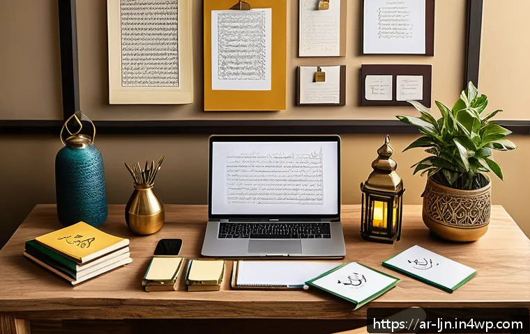 행동 변화 학습기법의 효과 분석 - A serene Middle Eastern home office scene showing a neatly organized wooden desk with Arabic calligr...