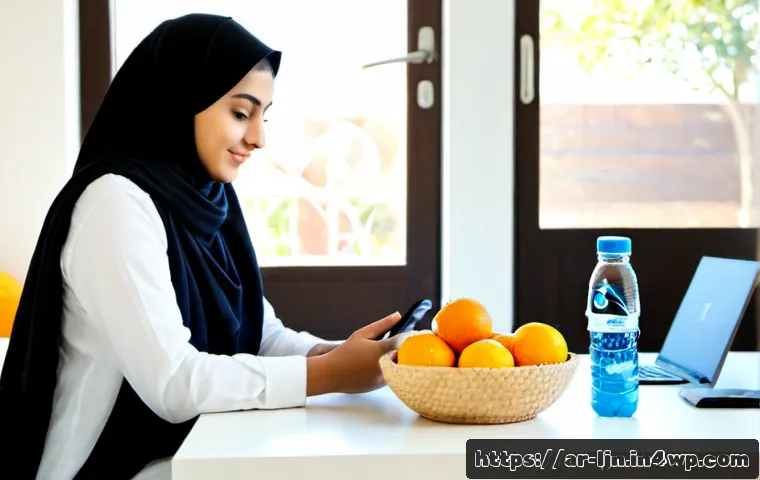 행동 변화 촉진을 위한 기술 활용 - Photorealistic scene of a Middle Eastern woman in modest contemporary clothing sitting at a bright h...